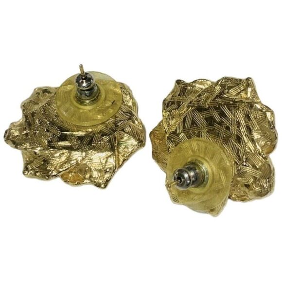 Vintage Flower Round 1/2 Sphere White Pearl Gold Tone Pierced Button Earrings - Picture 3 of 7
